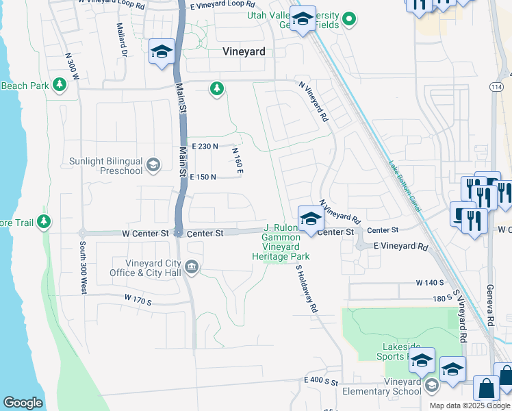 map of restaurants, bars, coffee shops, grocery stores, and more near 68 North Eden Way in Vineyard