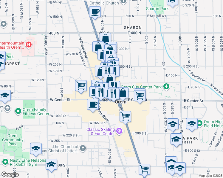 map of restaurants, bars, coffee shops, grocery stores, and more near in Orem