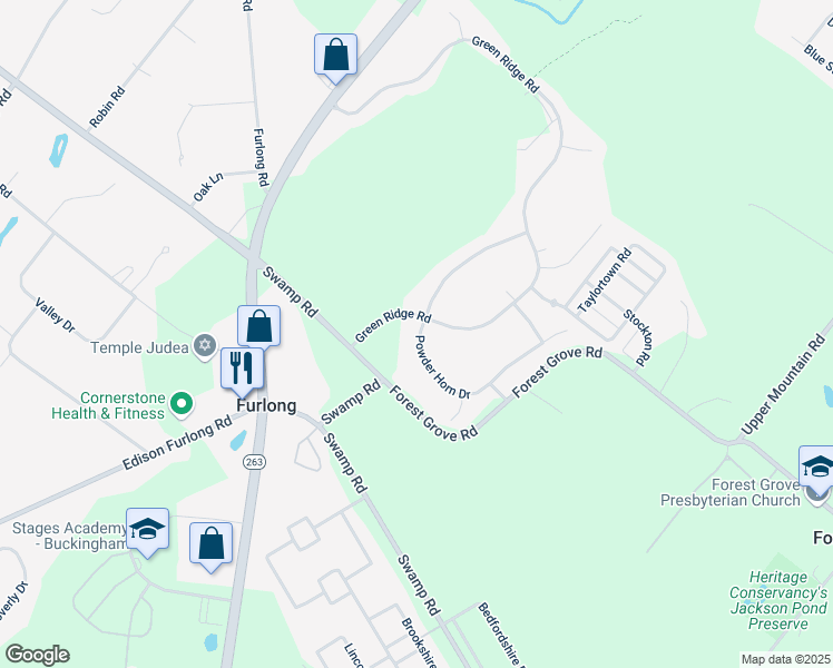 map of restaurants, bars, coffee shops, grocery stores, and more near 3722 Powder Horn Drive in Furlong