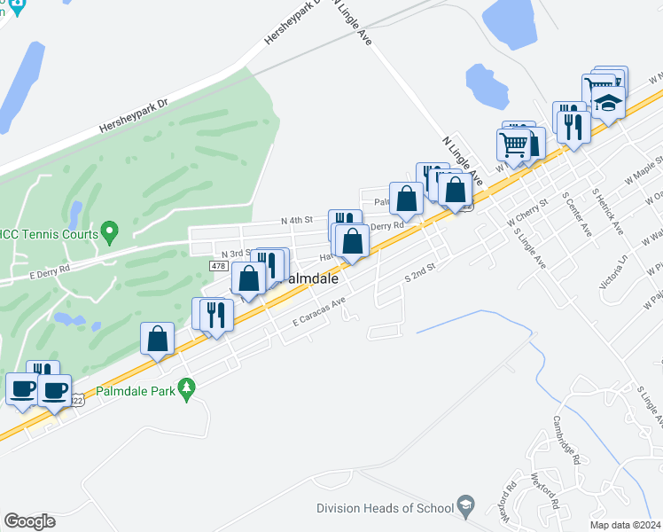 map of restaurants, bars, coffee shops, grocery stores, and more near 22 Walker Avenue in Hershey