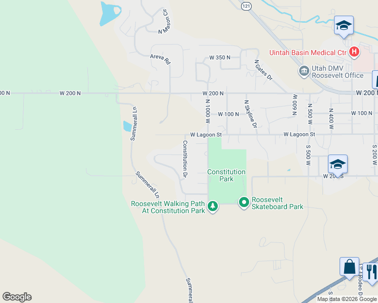 map of restaurants, bars, coffee shops, grocery stores, and more near 85 Constitution Drive in Roosevelt