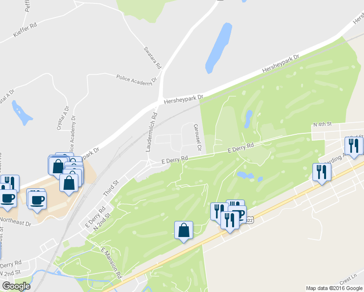 map of restaurants, bars, coffee shops, grocery stores, and more near 1 Carousel Circle in Hershey