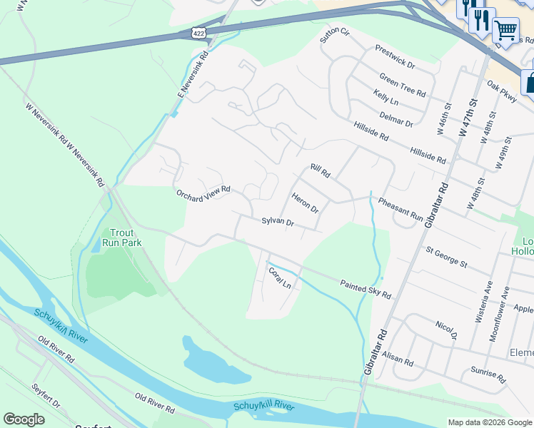 map of restaurants, bars, coffee shops, grocery stores, and more near 3107 Orchard View Road in Reading