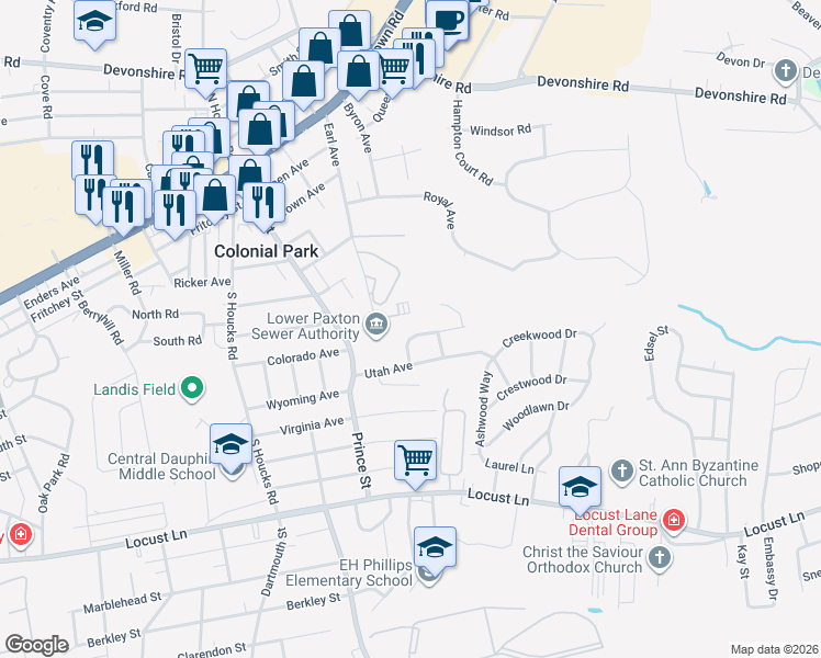 map of restaurants, bars, coffee shops, grocery stores, and more near 4926 Eastman Drive in Colonial Park