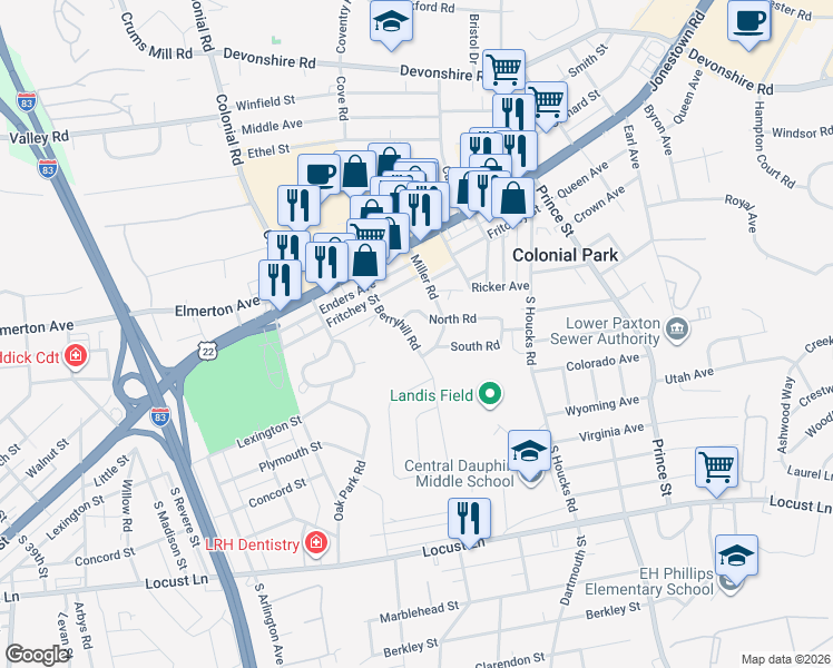 map of restaurants, bars, coffee shops, grocery stores, and more near 4510 North Road in Harrisburg