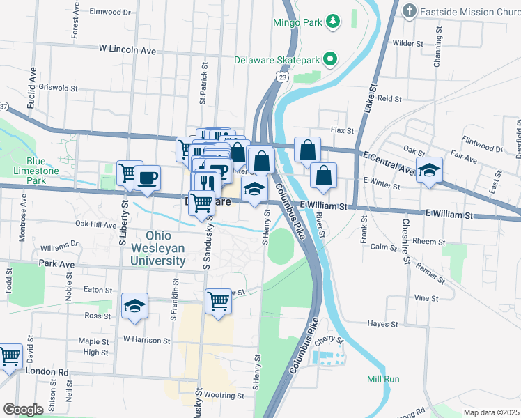 map of restaurants, bars, coffee shops, grocery stores, and more near 82 East William Street in Delaware