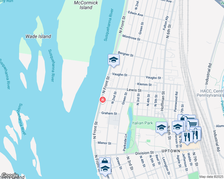 map of restaurants, bars, coffee shops, grocery stores, and more near 101 Lewis Street in Harrisburg