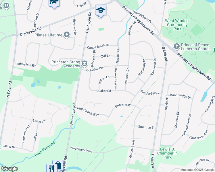 map of restaurants, bars, coffee shops, grocery stores, and more near in West Windsor Township