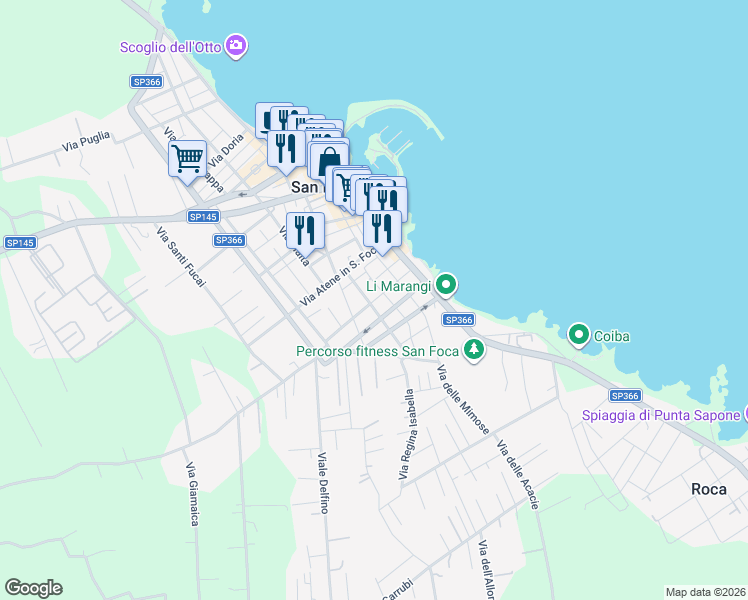 map of restaurants, bars, coffee shops, grocery stores, and more near 10 Via del Fante in San Foca