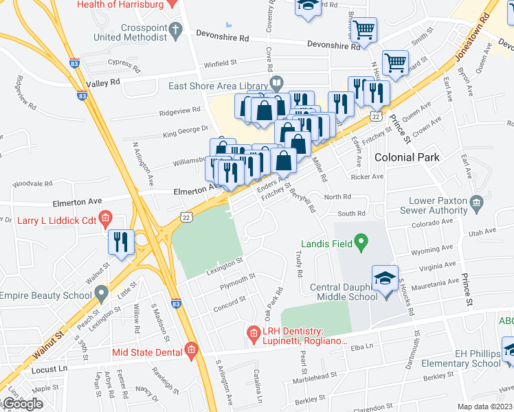 map of restaurants, bars, coffee shops, grocery stores, and more near 4331 Fritchey Street in Harrisburg
