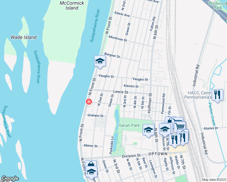 map of restaurants, bars, coffee shops, grocery stores, and more near 3200 Green Street in Harrisburg