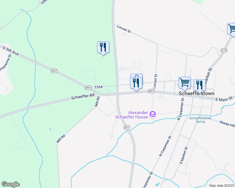 map of restaurants, bars, coffee shops, grocery stores, and more near in Schaefferstown