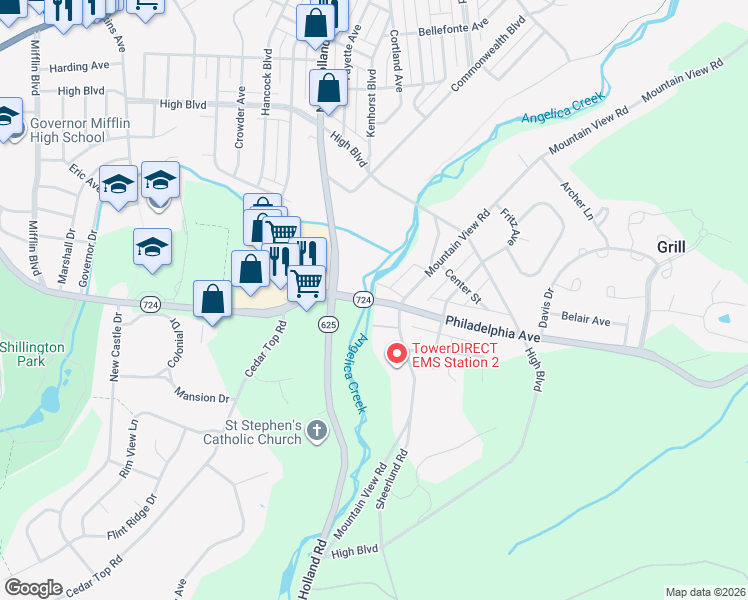 map of restaurants, bars, coffee shops, grocery stores, and more near Pennsylvania 724 in Reading