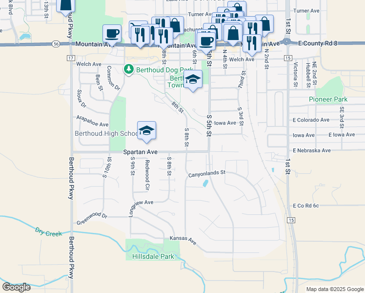 map of restaurants, bars, coffee shops, grocery stores, and more near 403 South 8th Street in Berthoud
