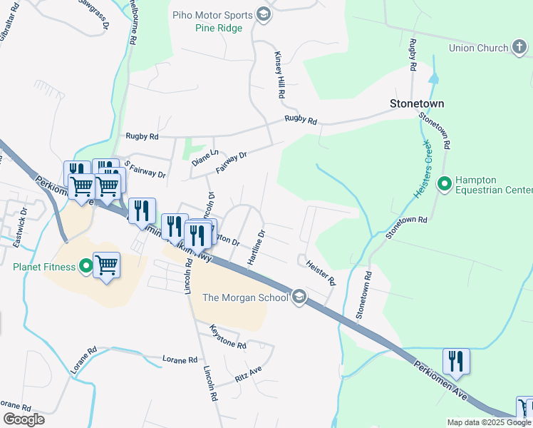 map of restaurants, bars, coffee shops, grocery stores, and more near 139 Hartline Dr in Reading