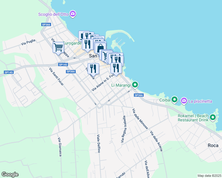 map of restaurants, bars, coffee shops, grocery stores, and more near 2 Via dell'Aviere in San Foca