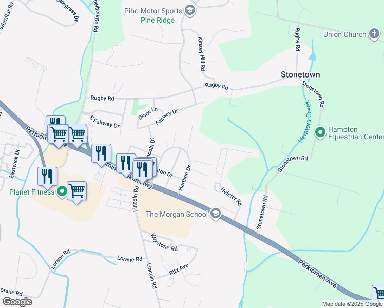 map of restaurants, bars, coffee shops, grocery stores, and more near 139 Hartline Dr in Reading