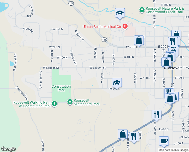 map of restaurants, bars, coffee shops, grocery stores, and more near in Roosevelt