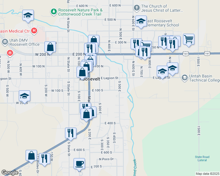 map of restaurants, bars, coffee shops, grocery stores, and more near 71 South 400 East in Roosevelt