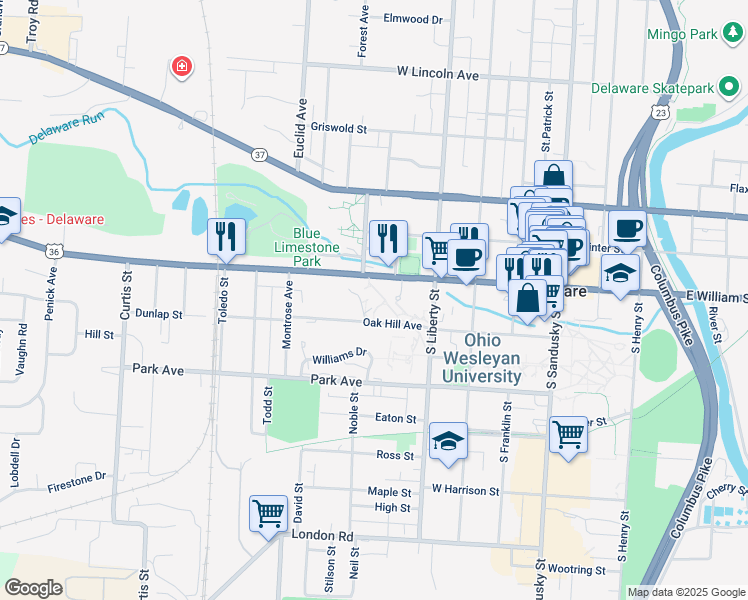 map of restaurants, bars, coffee shops, grocery stores, and more near 61 South Sandusky Street in Delaware