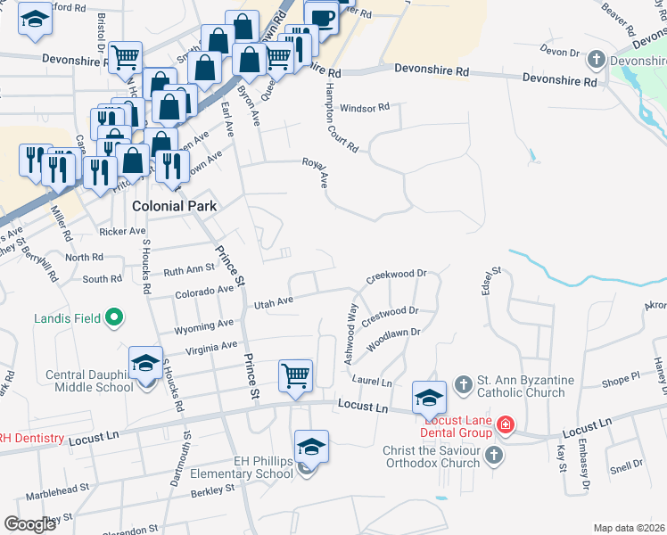 map of restaurants, bars, coffee shops, grocery stores, and more near Missouri Court in Colonial Park