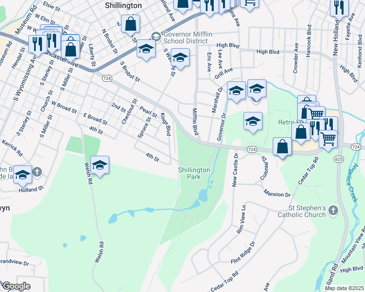 map of restaurants, bars, coffee shops, grocery stores, and more near 504 Philadelphia Avenue in Shillington
