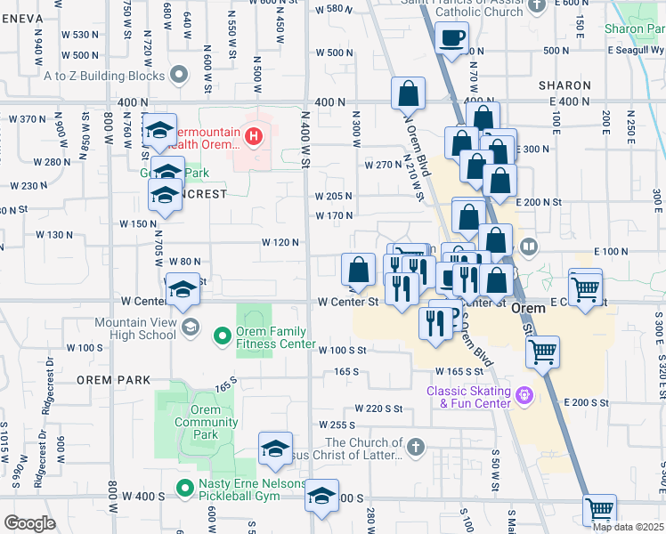 map of restaurants, bars, coffee shops, grocery stores, and more near 87 340 West in Orem