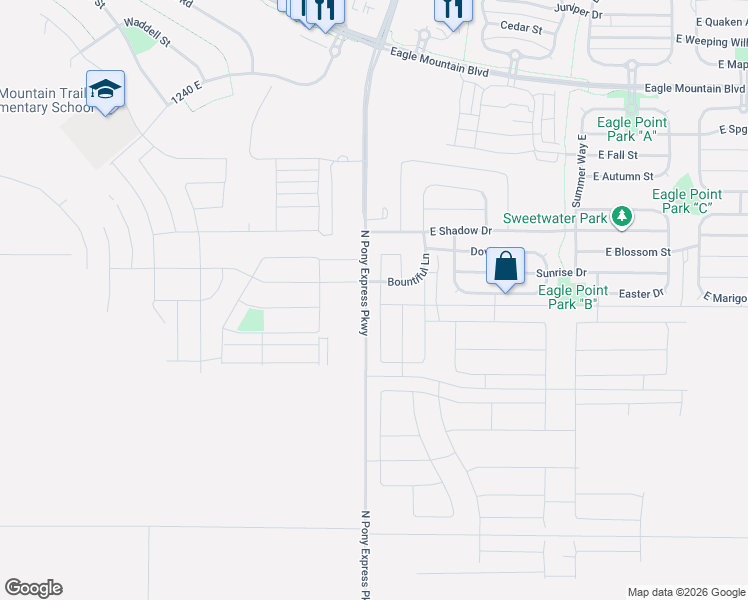 map of restaurants, bars, coffee shops, grocery stores, and more near 1512 East Shadow Drive in Eagle Mountain