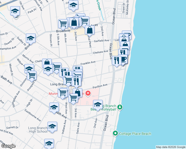 map of restaurants, bars, coffee shops, grocery stores, and more near 202 Villa Drive in Long Branch