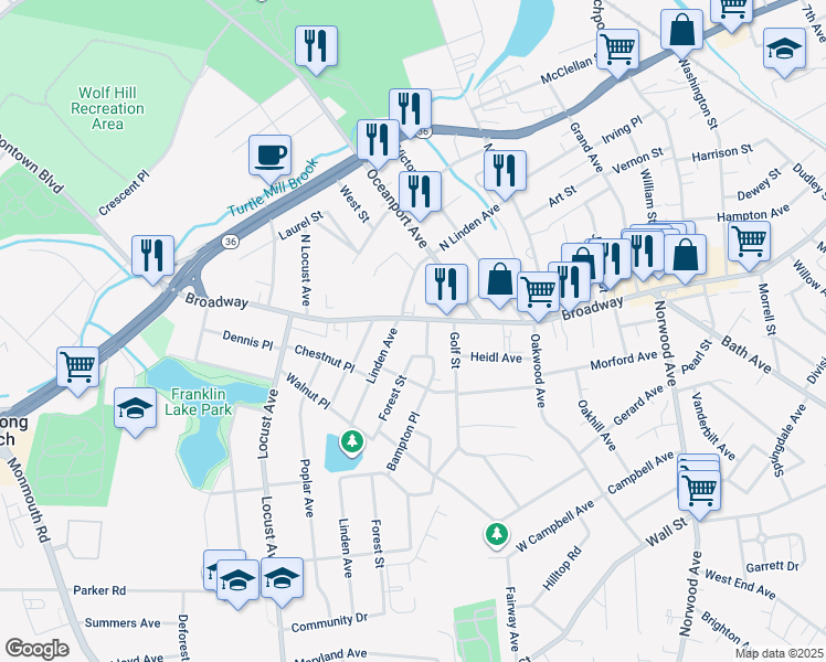 map of restaurants, bars, coffee shops, grocery stores, and more near 891 Broadway in West Long Branch