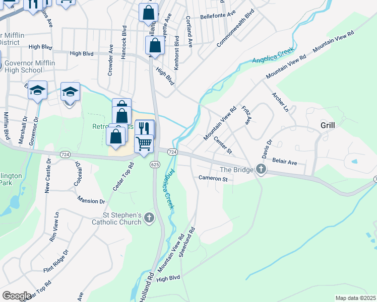 map of restaurants, bars, coffee shops, grocery stores, and more near 697 Mountain View Road in Reading
