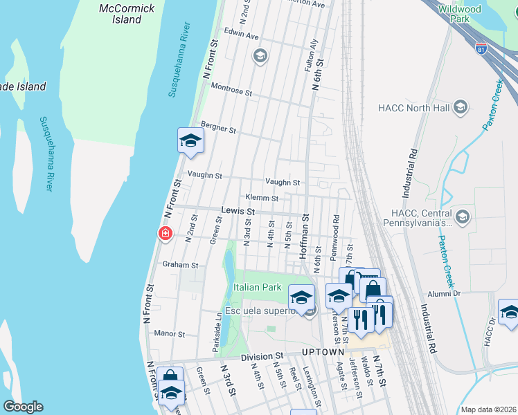 map of restaurants, bars, coffee shops, grocery stores, and more near 3217 North 3rd Street in Harrisburg