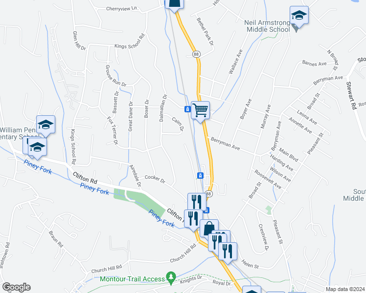 map of restaurants, bars, coffee shops, grocery stores, and more near 1256 Cairn Drive in Bethel Park