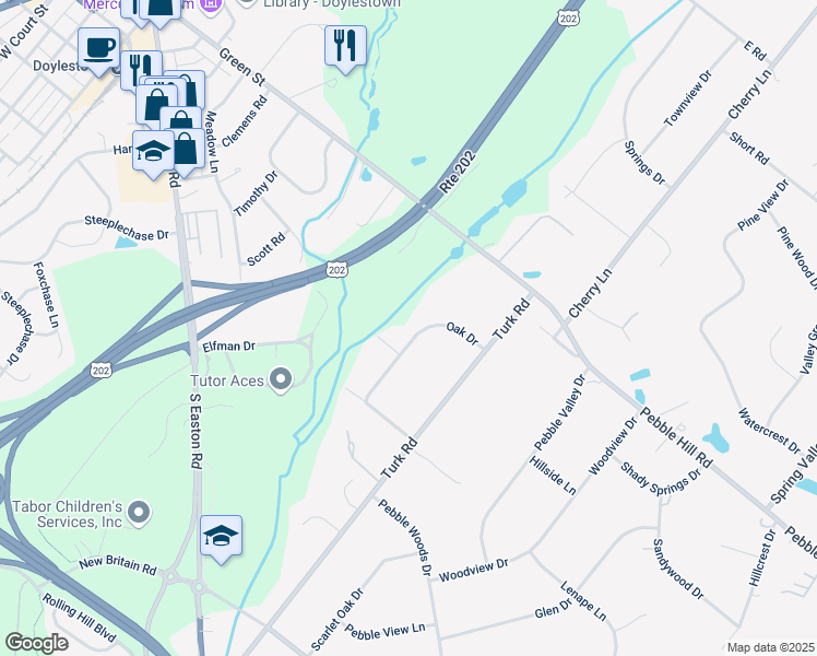 map of restaurants, bars, coffee shops, grocery stores, and more near 72 Oak Drive in Doylestown