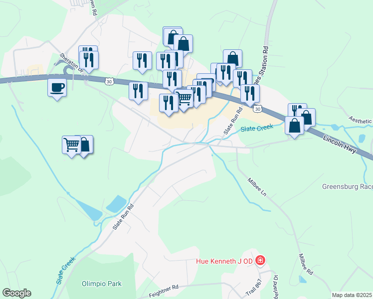 map of restaurants, bars, coffee shops, grocery stores, and more near Williamsburg East Drive in Westmoreland County