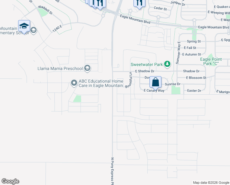 map of restaurants, bars, coffee shops, grocery stores, and more near 3519 Sparrow Lane in Eagle Mountain