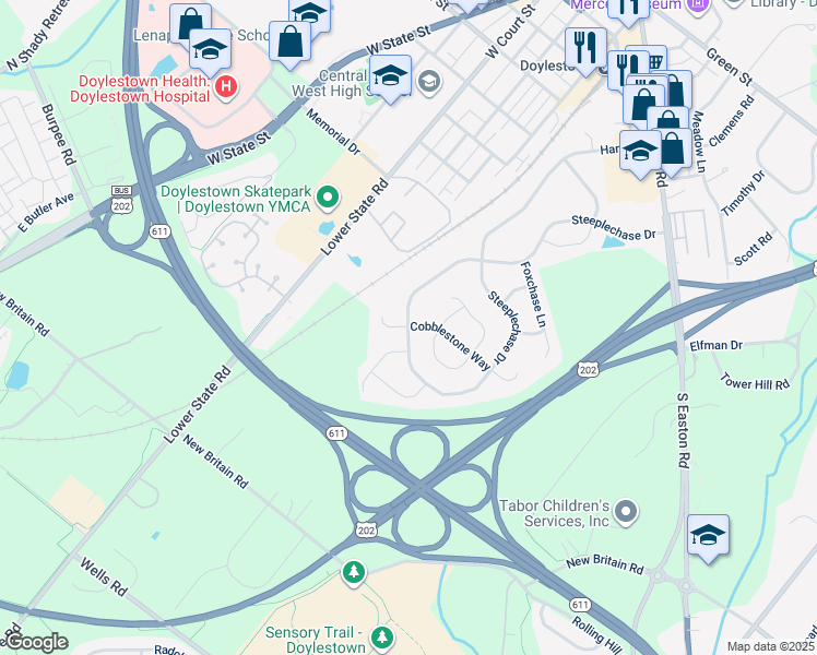 map of restaurants, bars, coffee shops, grocery stores, and more near 74 Steeplechase Drive in Doylestown