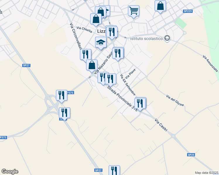 map of restaurants, bars, coffee shops, grocery stores, and more near 43 Via Paolo VI in Lizzanello