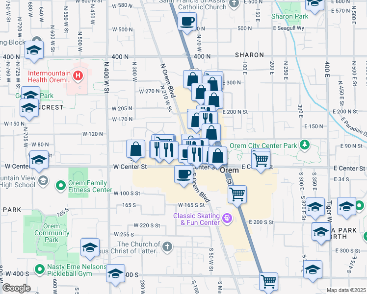 map of restaurants, bars, coffee shops, grocery stores, and more near 40 North Orem Boulevard in Orem