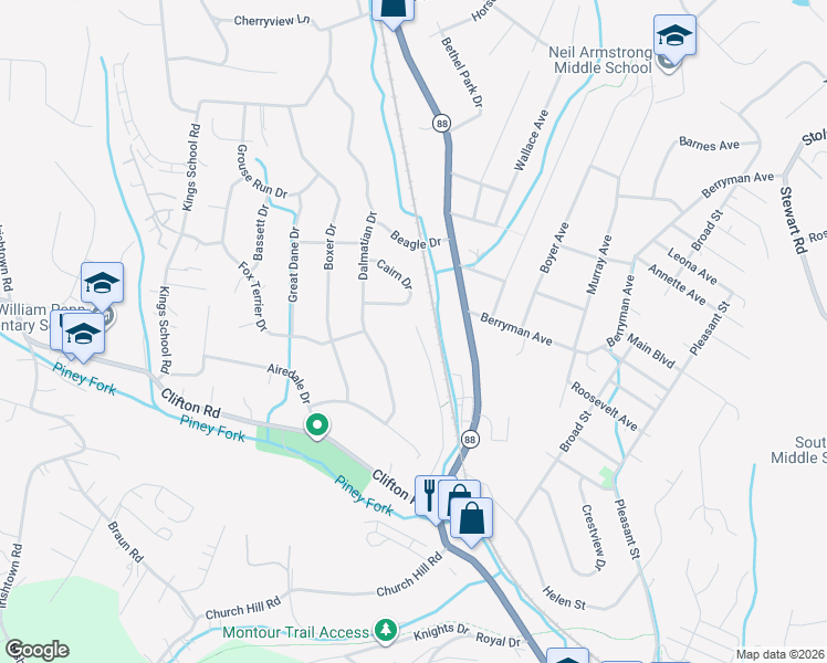 map of restaurants, bars, coffee shops, grocery stores, and more near 1705 Timberidge Drive in Bethel Park
