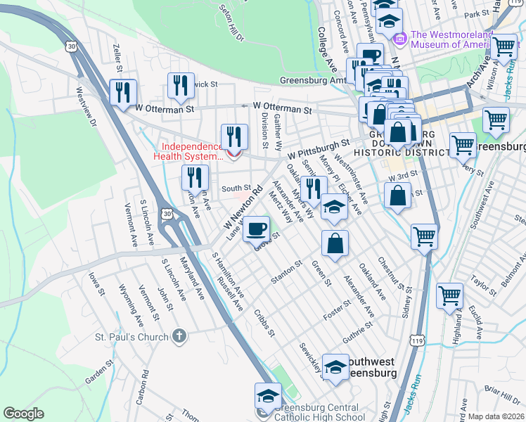 map of restaurants, bars, coffee shops, grocery stores, and more near 538 West Newton Street in Greensburg