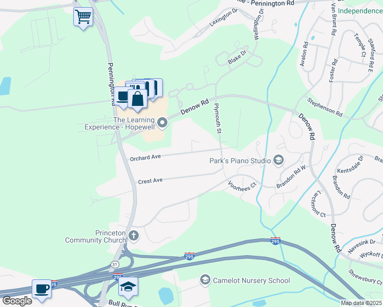 map of restaurants, bars, coffee shops, grocery stores, and more near 32 Orchard Avenue in Pennington