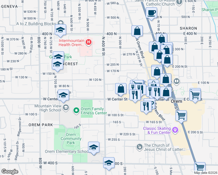 map of restaurants, bars, coffee shops, grocery stores, and more near 72 North 380 West in Orem