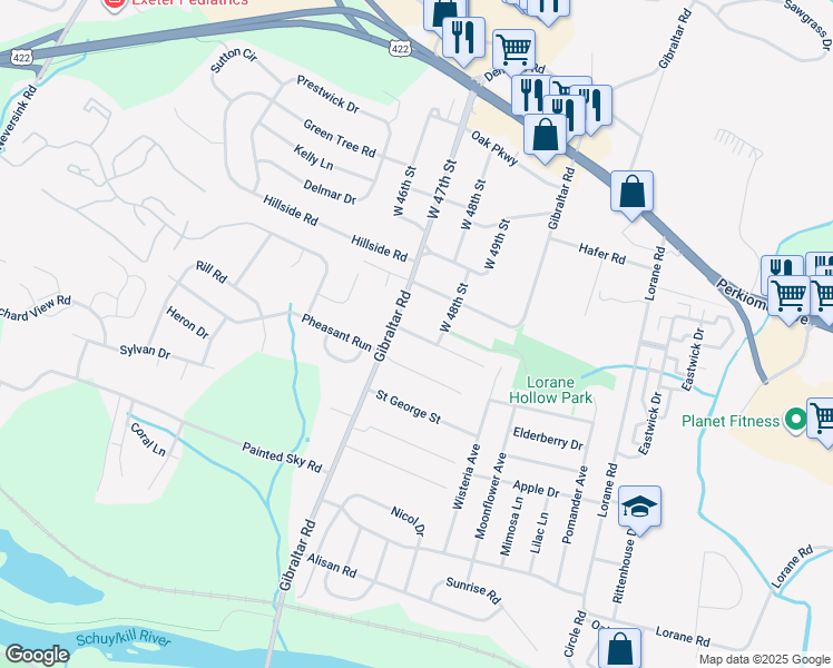 map of restaurants, bars, coffee shops, grocery stores, and more near 499 Gibraltar Road in Reading