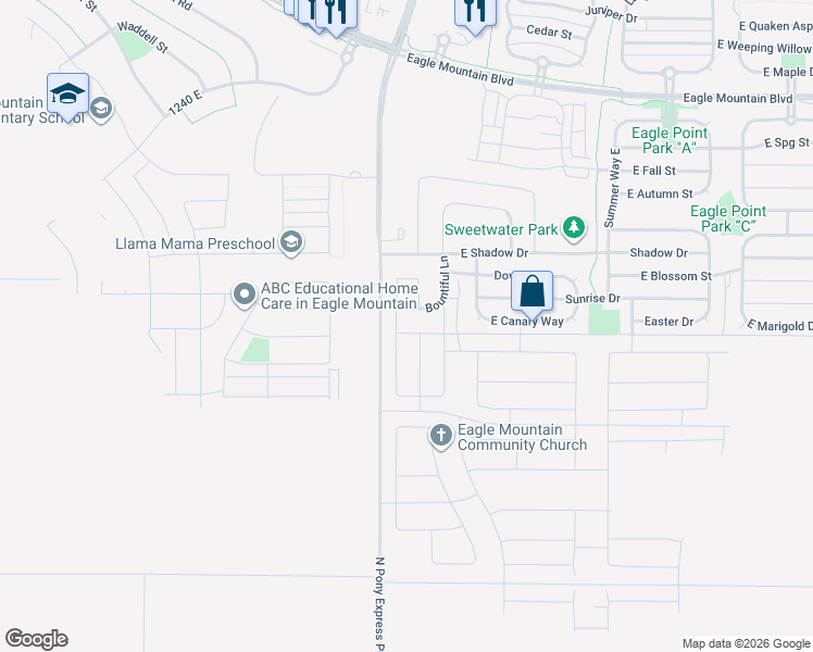 map of restaurants, bars, coffee shops, grocery stores, and more near Bountiful Lane in Eagle Mountain