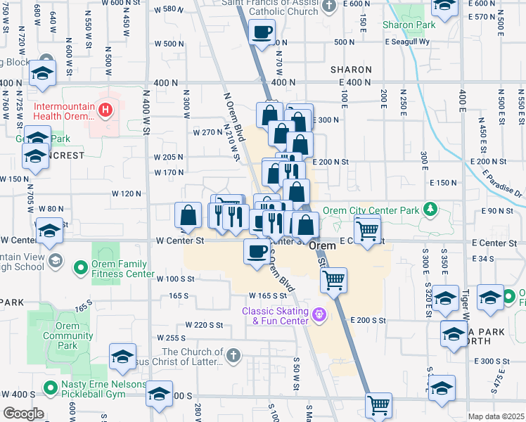 map of restaurants, bars, coffee shops, grocery stores, and more near 125 Sun Village Drive in Orem