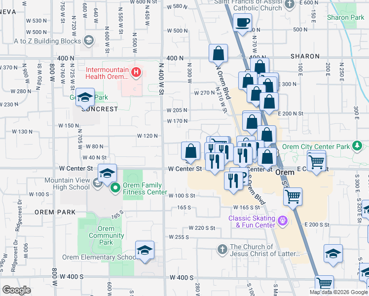 map of restaurants, bars, coffee shops, grocery stores, and more near 87 340 West in Orem