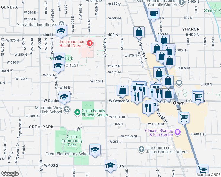 map of restaurants, bars, coffee shops, grocery stores, and more near 386 West 100 North Street in Orem