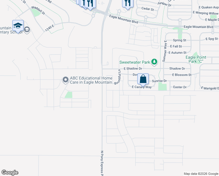 map of restaurants, bars, coffee shops, grocery stores, and more near Bountiful Lane in Eagle Mountain