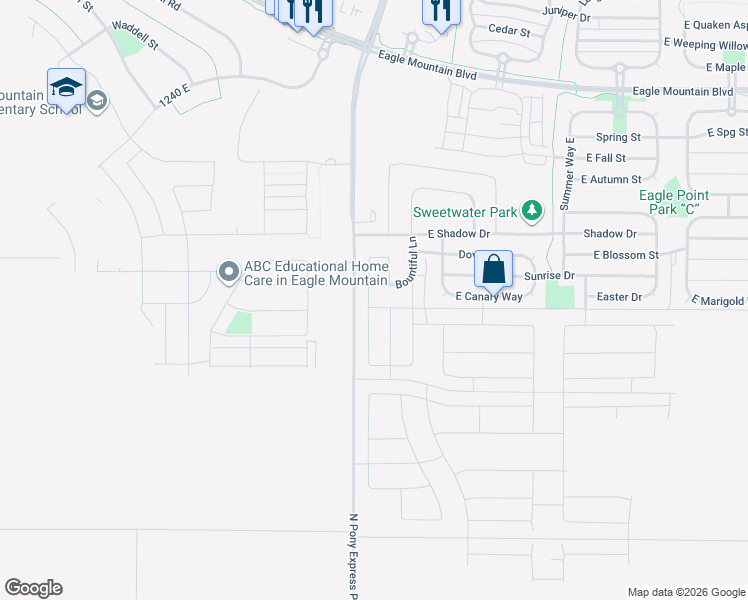 map of restaurants, bars, coffee shops, grocery stores, and more near Bountiful Lane in Eagle Mountain